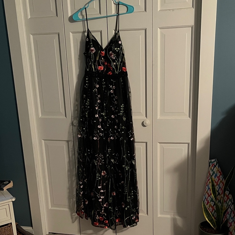 JJs House Black Maxi Dress with Red & Green Floral Embroidery
